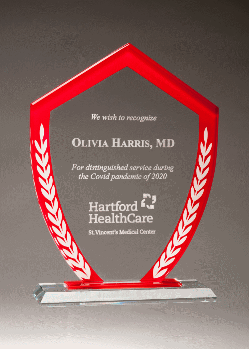 Shield Glass Award "“ Red Border with White Laurel Leaves