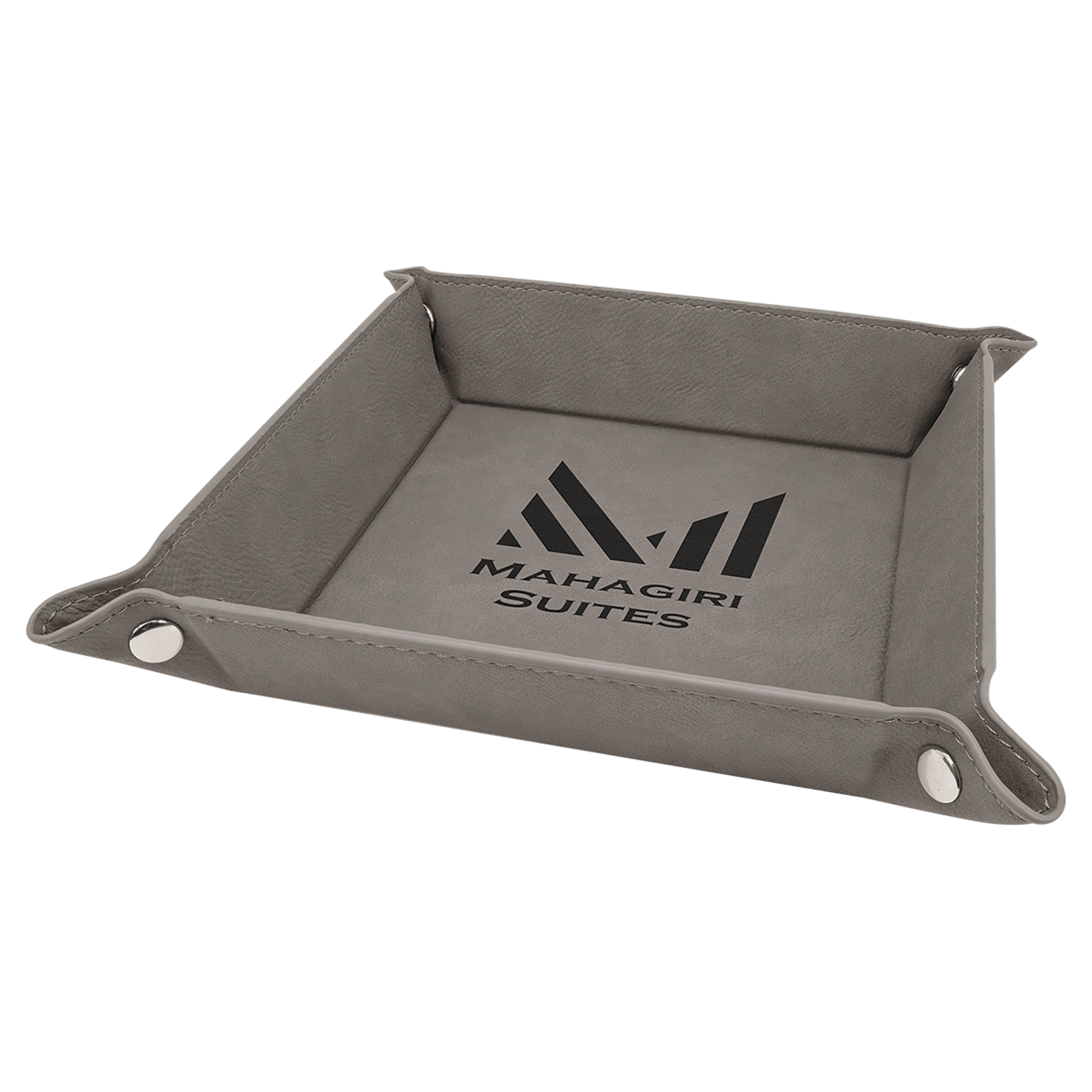 6" x 6" Gray Laserable Leatherette Snap Up Tray with Silver Snaps