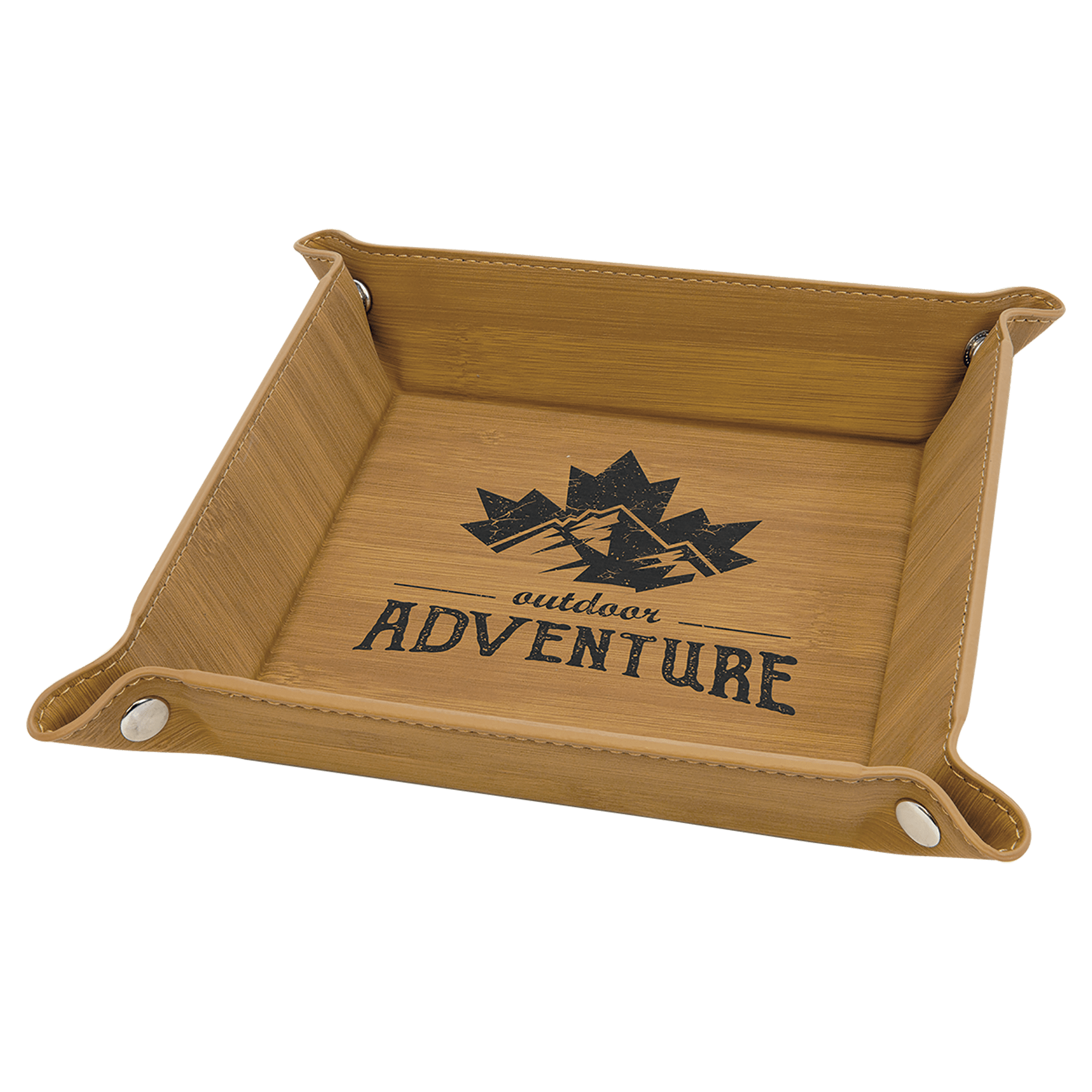 6" x 6" Bamboo Laserable Leatherette Snap Up Tray with Silver Snaps