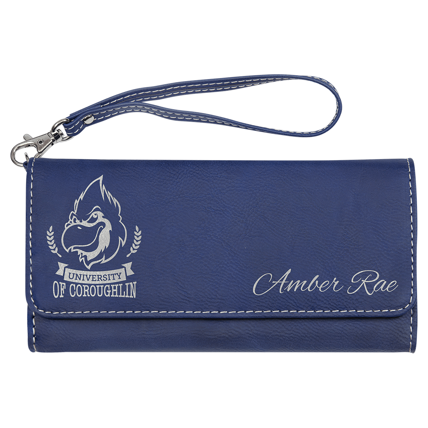 7 1/2" x 4" Blue/Silver Laserable Leatherette Wallet with Strap