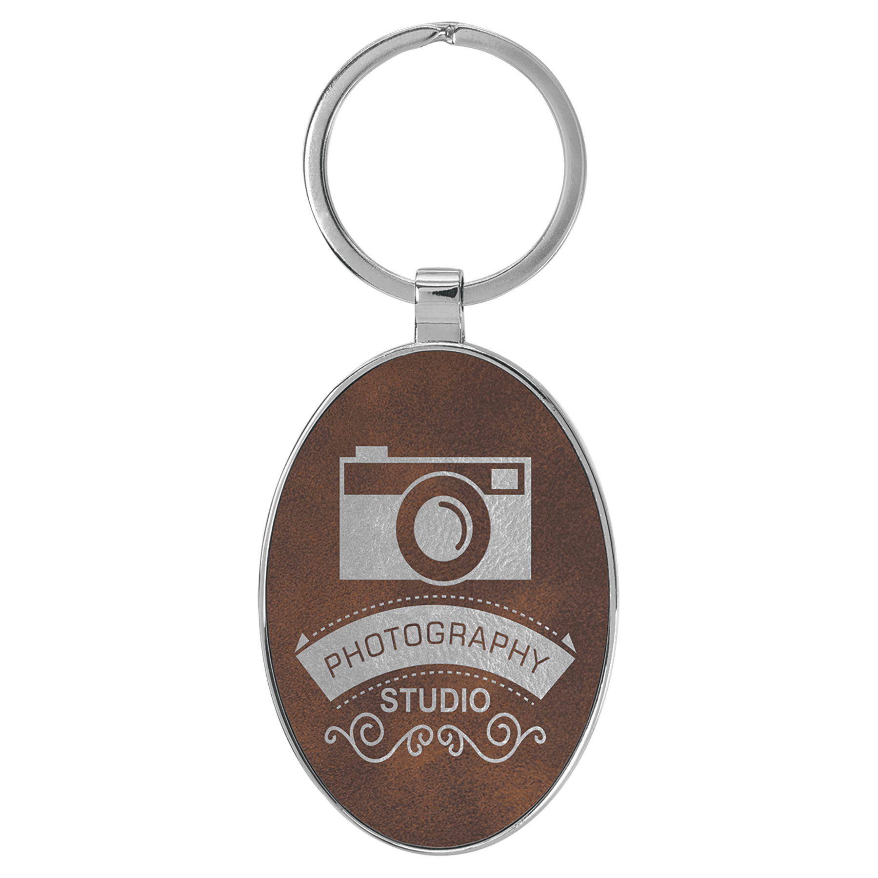 3" x 1 3/4" Laserable Leatherette/Metal Rustic/Silver Oval Keychain