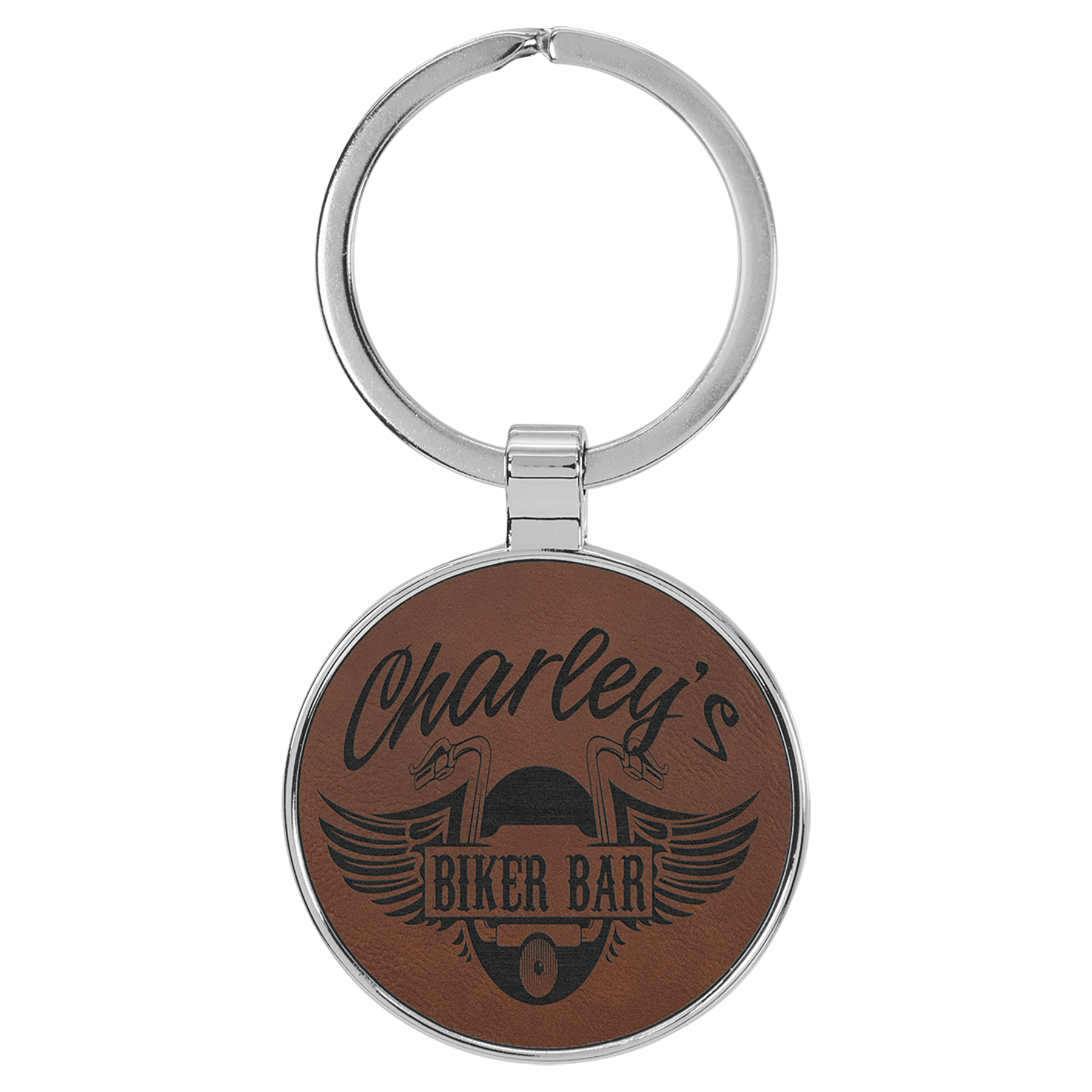 1 1/2" Laserable Leatherette/Metal Dark Brown Round Keychain