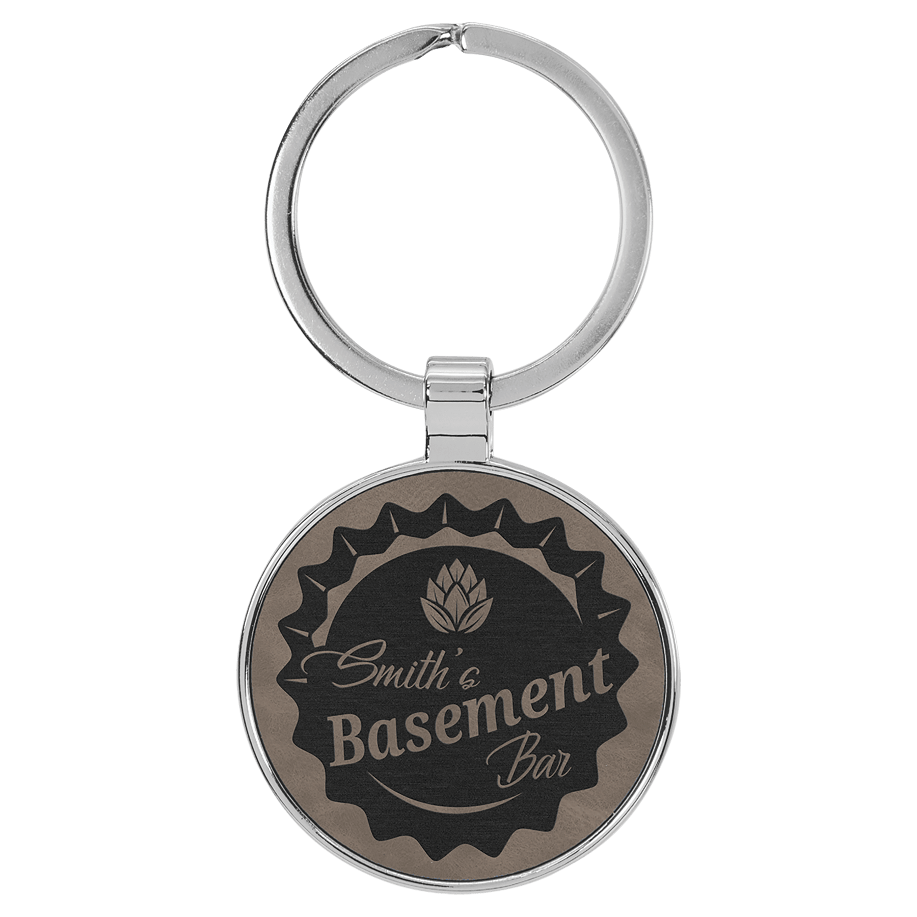 1 1/2" Laserable Leatherette/Metal Gray Round Keychain