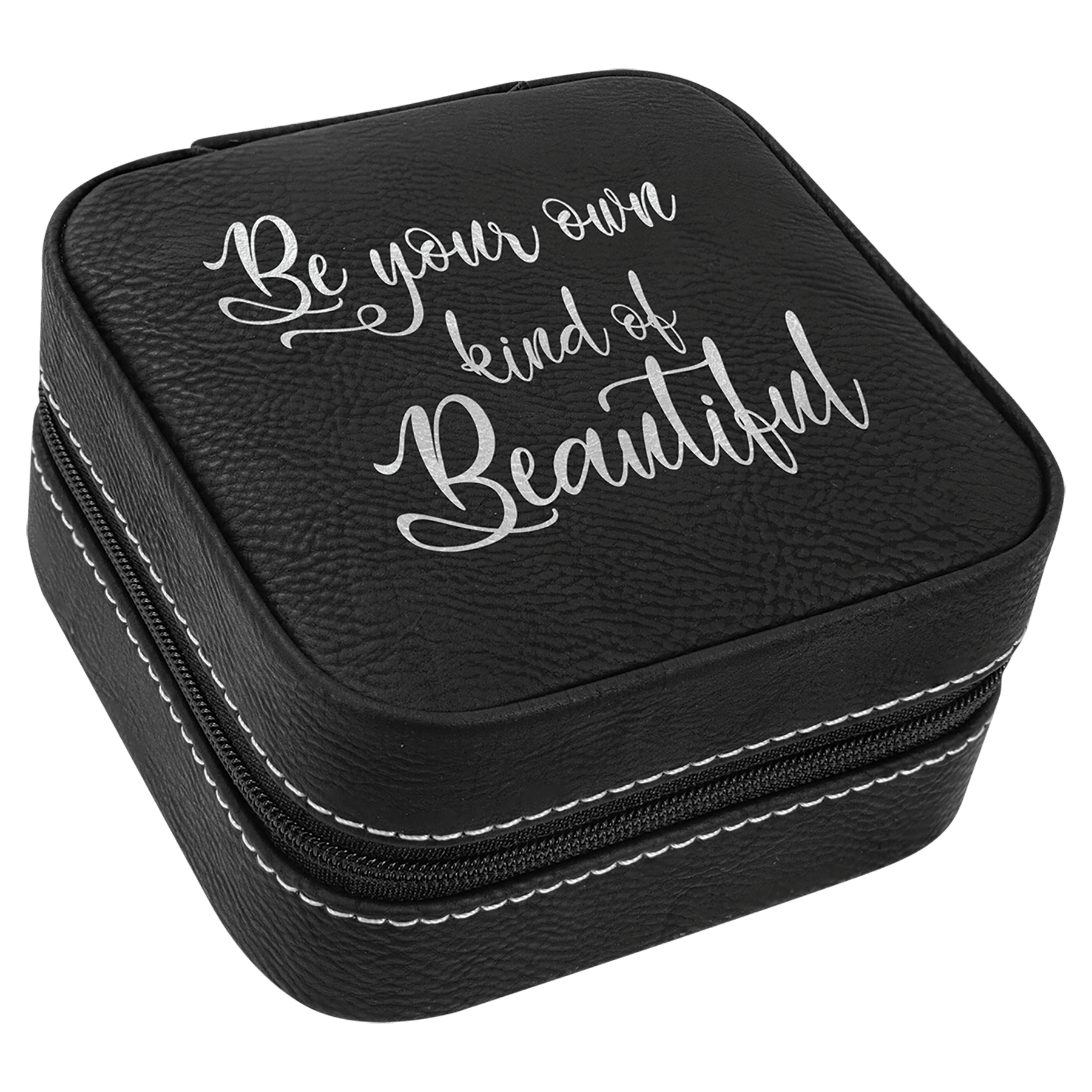 4" x 4" Black/Silver Laserable Leatherette Travel Jewelry Box with Tan Lining