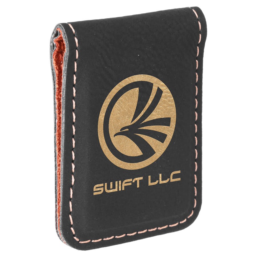 Black/Gold 1 3/4" x 2 1/2" Laserable Leatherette Money Clip