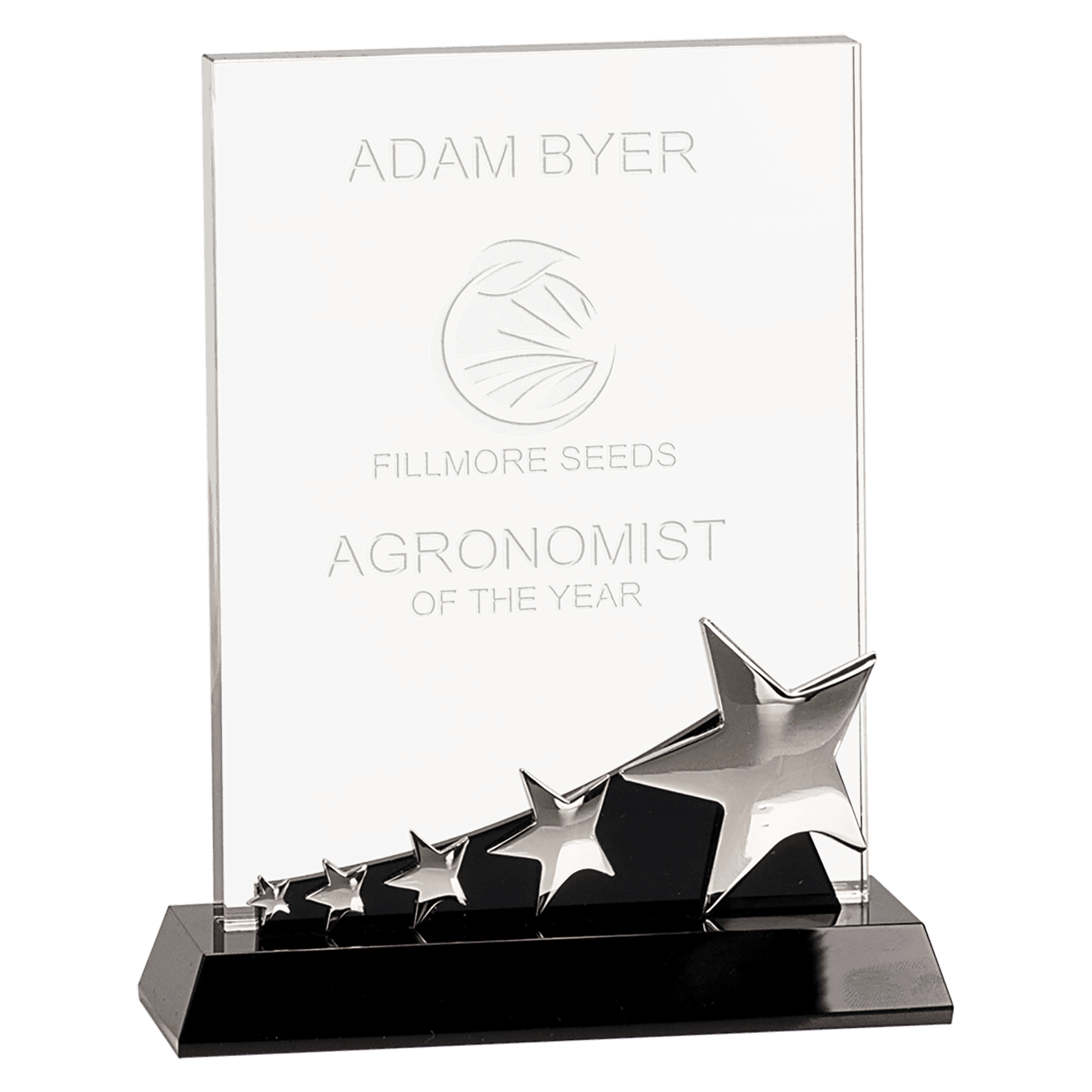8" Rectangle Crystal with Silver Stars on Black Pedestal Base