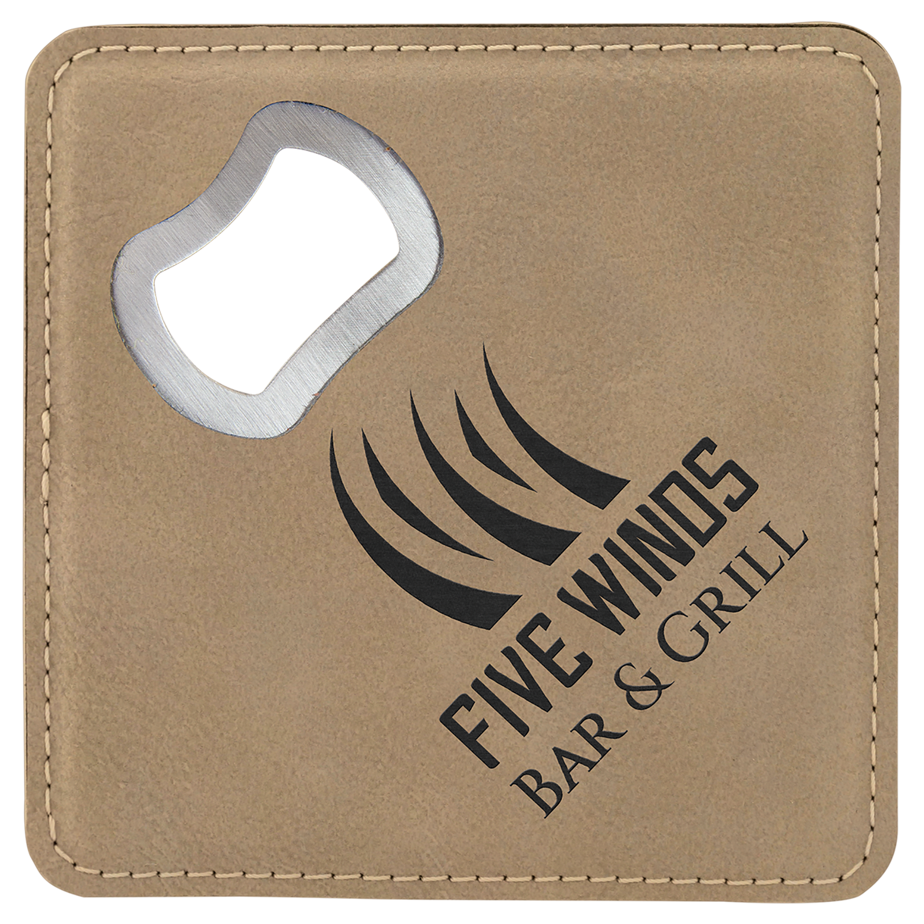 4" x 4" Square Light Brown Laserable Leatherette Bottle Opener Coaster