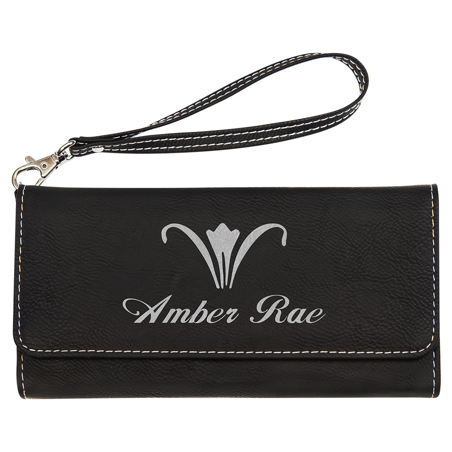 7 1/2" x 4" Black/Silver Laserable Leatherette Wallet with Strap