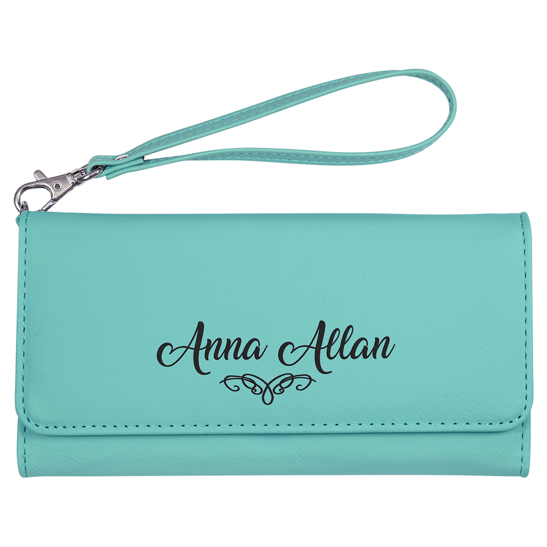 7 1/2" x 4" Teal Laserable Leatherette Wallet with Strap