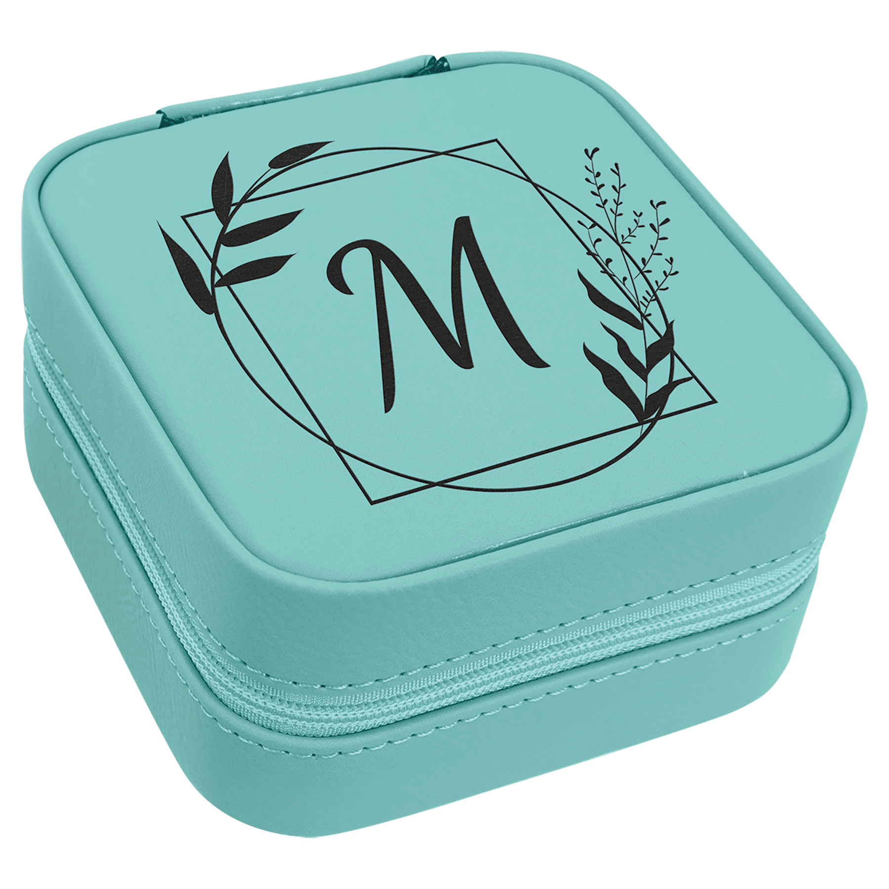 Teal Laserable Leatherette Travel Jewelry Box with Black 4" X 4" Lining